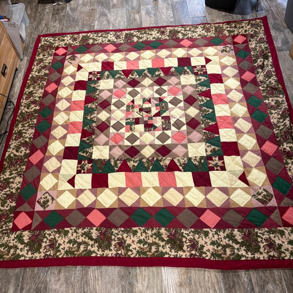 Vtg Handmade Patchwork Quilt Toile Floral Geometric Burgundy Green Pink 85x86